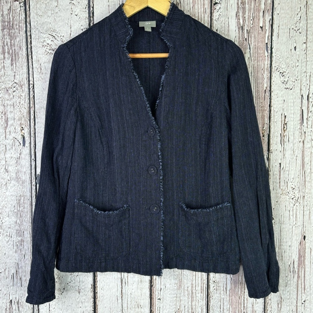 J. Jill Linen‎ Blend Jacket Denim Blue Lightweight Size 6 Fringe Details Buttons